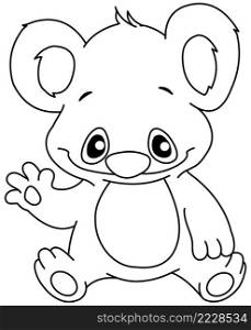 Outlined baby koala sitting and waving, Vector line art illustration coloring page.