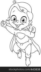 Outlined baby Super hero flying. Vector line art illustration coloring page.