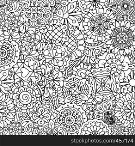 Outlined background design of seamless ornate textile pattern with heart and pinwheel lines and shapes. Seamless floral shapes with hearts and lines
