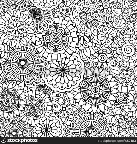 Outlined background design of seamless ornate textile patterns with floral and pinwheel shapes. Seamless round floral pattern with pinwheel shapes