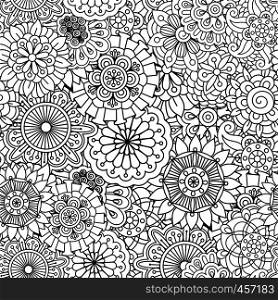 Outlined background design of seamless ornate textile patterns with floral and pinwheel shapes. Seamless round floral pattern with pinwheel shapes