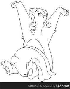 Outlined bear waking up from hibernation yawning and stretching. Vector line art illustration coloring page.