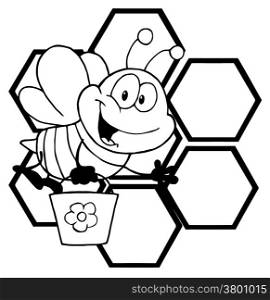 Outlined Bee Cartoon Character In Front Of A Orange Bee Hives
