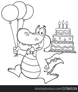 Outlined Birthday Crocodile Holding Up A Birthday Cake With Candles