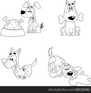 Outlined Breed Dog Cartoon Characters. Vector Hand Drawn Collection Set Isolated On White Background
