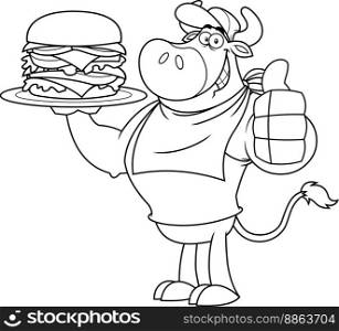 Outlined Bull Cartoon Character Giving The Thumbs Up And Holding A Double Hamburger. Vector Hand Drawn Illustration Isolated On Transparent Background