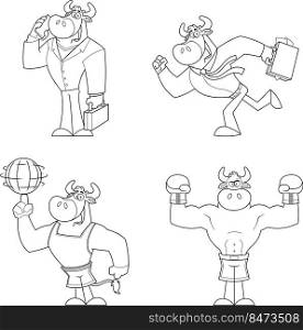 Outlined Bull Cartoon Mascot Character Different Poses. Vector Hand Drawn Collection Set Isolated On White Background