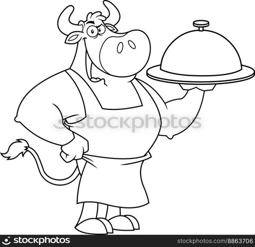 Outlined Bull Chef Cartoon Mascot Character Holding A Silver Platter. Vector Hand Drawn Illustration Isolated On Transparent Background