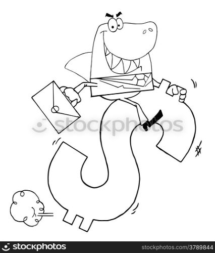 Outlined Business Shark Businessman Riding On A Dollar Symbol