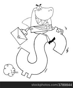 Outlined Business Shark Businessman Riding On A Dollar Symbol