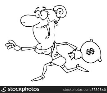Outlined Business Woman Running With The Money Bag
