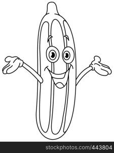 Outlined cartoon cucumber raising his arms. Vector line art illustration coloring page.