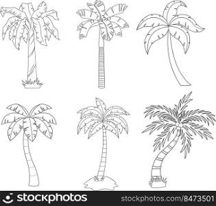 Outlined Cartoon Different Tropical Palm Tree. Vector Hand Drawn Collection Set Isolated On White Background