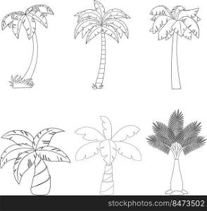 Outlined Cartoon Different Tropical Palm Tree. Vector Hand Drawn Collection Set Isolated On White Background
