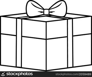 Outlined Cartoon Gift Box With Ribbon. Vector Hand Drawn Illustration Isolated On White Background
