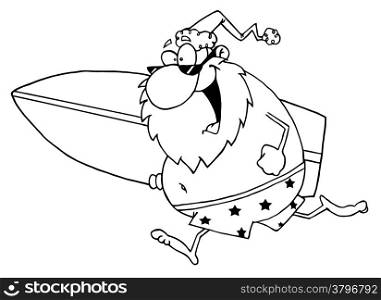 Outlined Cartoon Santa Surfer