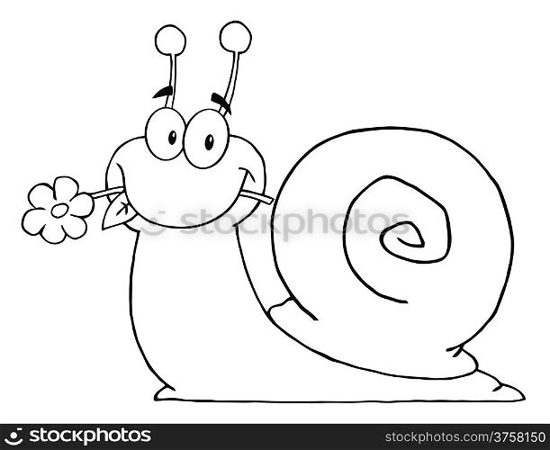 Outlined Cartoon Snail With A Flower In Its Mouth