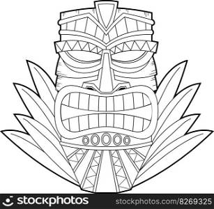 Outlined Cartoon Tiki Tribal Wooden Mask With Leaves. Vector Hand Drawn Illustration Isolated On Transparent Background