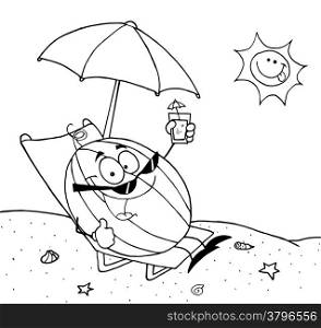 Outlined Cartoon Watermelon Holding A Glass With Juice On The Beach