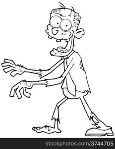 Outlined Cartoon Zombie Walking With Hands In Front