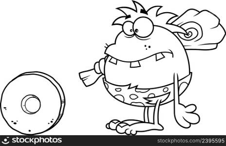 Outlined Caveman Cartoon Character With A Stone Wheel. Vector Hand Drawn Illustration Isolated On White Background