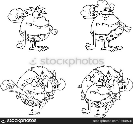 Outlined Caveman Cartoon Characters. Vector Hand Drawn Collection Set Isolated On White Background