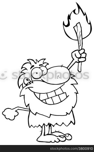 Outlined Caveman Holding Up A Torch