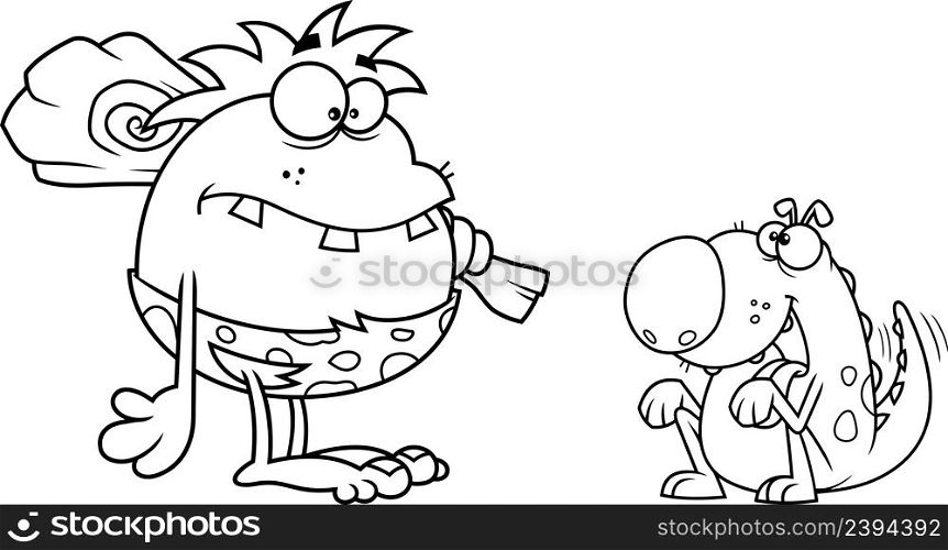 Outlined Caveman With Club And Dino Dog Cartoon Characters. Vector Hand Drawn Illustration Isolated On White Background