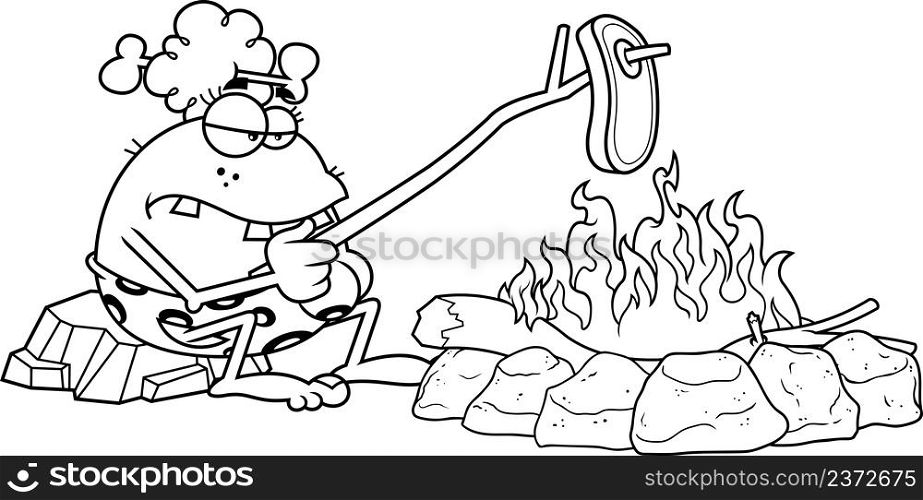 Outlined CaveWoman Cartoon Character Cooking Meat On Stick. Vector Hand Drawn Illustration Isolated On White Background