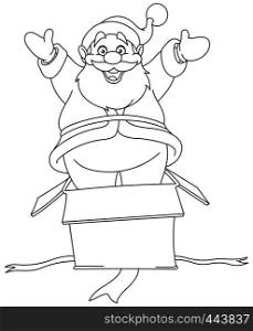 Outlined cheerful Santa Claus jumping out from a Christmas gift box. Vector line art illustration coloring page.