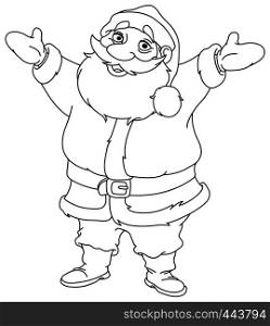Outlined cheerful Santa Claus raising his arms. Vector line art illustration coloring page.