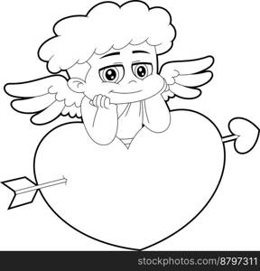 Outlined Chibi Cupid Baby Cartoon Character Leaning On Heart. Vector Hand Drawn Illustration Isolated On Transparent Background