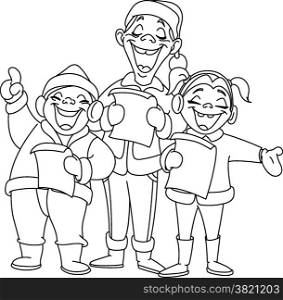 Outlined Christmas carolers. Vector illustration coloring page.
