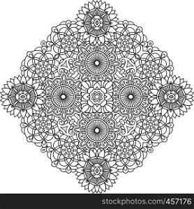 Outlined circular geometric symmetrical pattern with intricate floral like detailed shapes over white background. Outlined circular geometric pattern over white