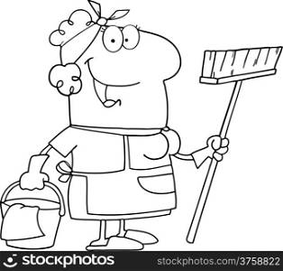 Outlined Cleaning Lady Cartoon Character