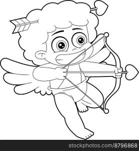 Outlined Confused Cupid Baby Cartoon Character With Bow And Arrow Flying. Vector Hand Drawn Illustration Isolated On Transparent Background