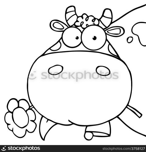 Outlined Cow Head Cartoon Character Carrying A Flower In Its Mouth