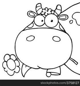Outlined Cow Head Cartoon Character Carrying A Flower In Its Mouth