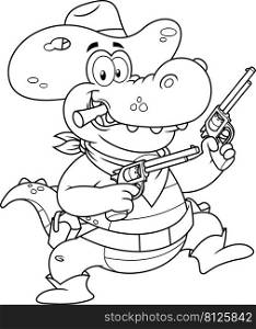 Outlined Cowboy Alligator Or Crocodile Cartoon Character With Two Pistols. Vector Hand Drawn Illustration Isolated On White Background