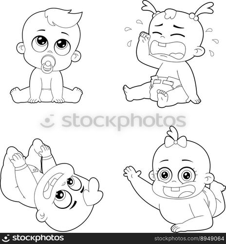 Outlined Cute Babies Cartoon Characters. Vector Hand Drawn Collection ...