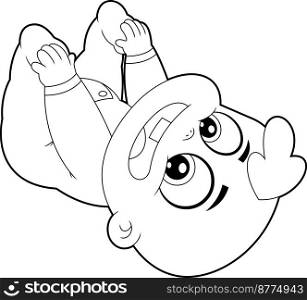 Outlined Cute Baby Boy Cartoon Character Is Playing Touching Feet. Vector Hand Drawn Illustration Isolated On Transparent Background