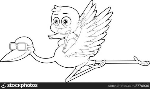 Outlined Cute Baby Boy Flying On Top Of A Stork Cartoon Characters. Vector Hand Drawn Illustration Isolated On Transparent Background