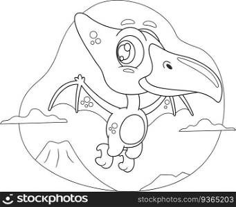 Outlined Cute Baby Dinosaur Cartoon Character Flying In The Sky. Vector Hand Drawn Illustration Isolated On Transparent Background