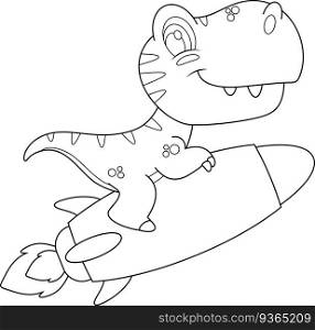 Outlined Cute Baby Dinosaur Cartoon Character Flying On The Rocket. Vector Hand Drawn Illustration Isolated On Transparent Background