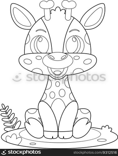 Outlined Cute Baby Giraffe Animal Cartoon Character. Vector Hand Drawn Illustration Isolated On Transparent Background