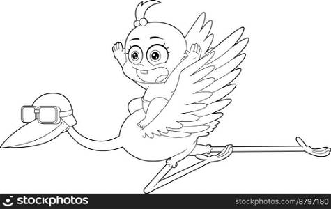 Outlined Cute Baby Girl Flying On Top Of A Stork Cartoon Characters. Vector Hand Drawn Illustration Isolated On Transparent Background