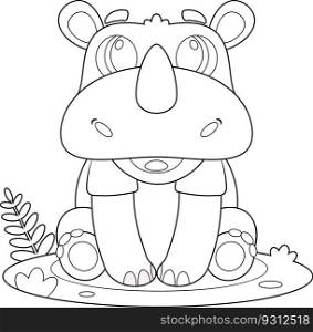 Outlined Cute Baby Rhinoceros Animal Cartoon Character. Vector Hand Drawn Illustration Isolated On Transparent Background