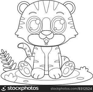 Outlined Cute Baby Tiger Animal Cartoon Character. Vector Hand Drawn Illustration Isolated On Transparent Background