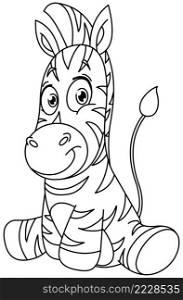 Outlined cute baby zebra sitting. Vector line art illustration coloring page.