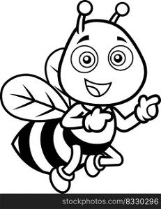 Outlined Cute Bee Cartoon Character Flying And Pointing. Vector Hand Drawn Illustration Isolated On Transparent Background
